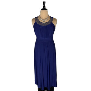Sandiva dark blue maxi dress cocktail beaded collar fitted waist stretchy sz XL